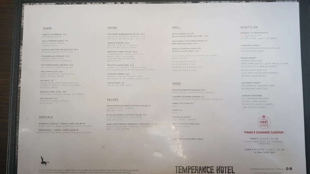 Menu, Temperance Hotel