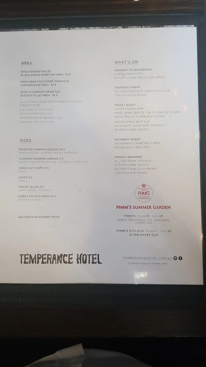 Menu, Temperance Hotel