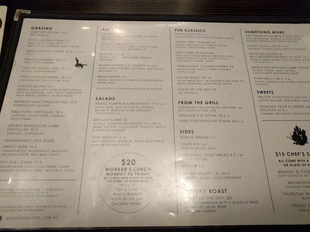 Menu, Temperance Hotel
