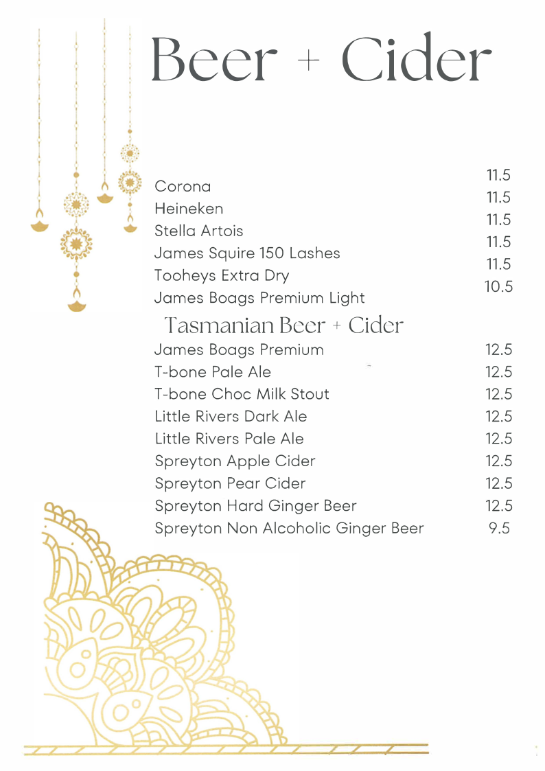 Menu, SKs Indian restaurant