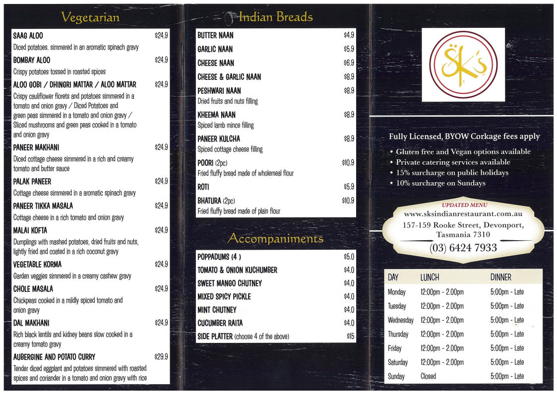 Menu, SKs Indian restaurant