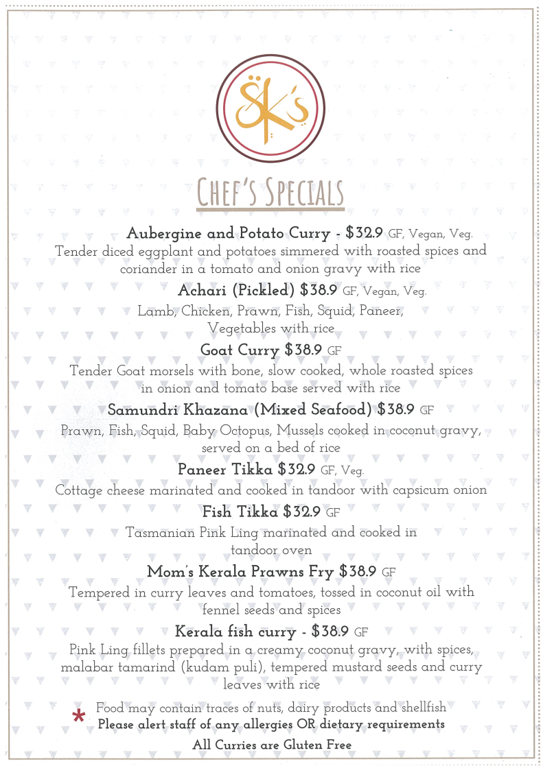 Menu, SKs Indian restaurant