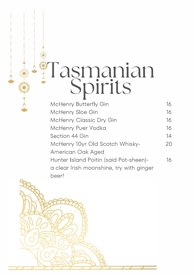 Menu, SKs Indian restaurant