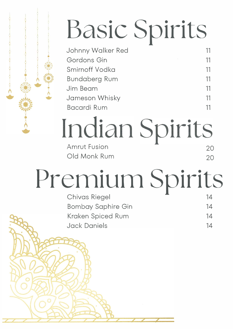 Menu, SKs Indian restaurant