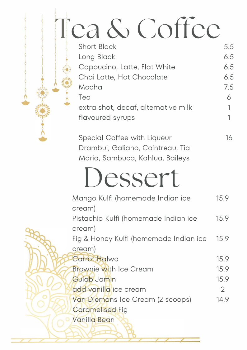 Menu, SKs Indian restaurant