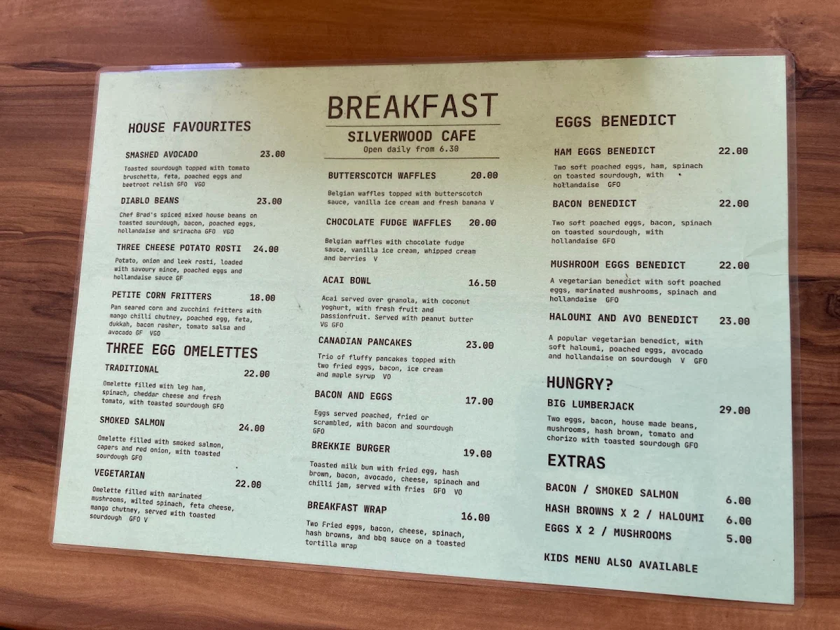 Menu, Silverwood Cafe