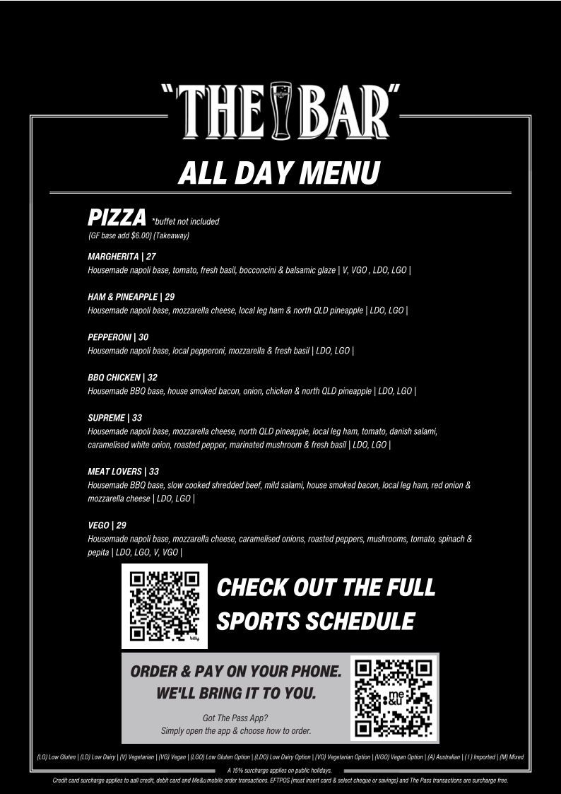 Menu, The Pub