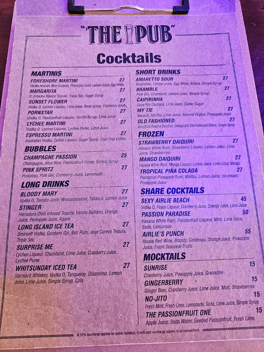Menu, The Pub