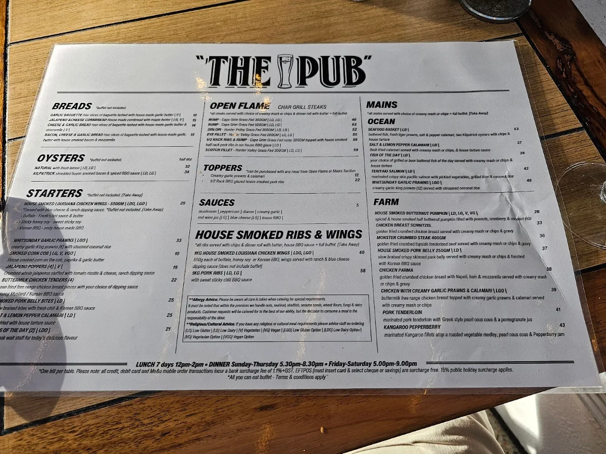 Menu, The Pub