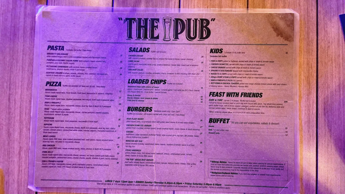 Menu, The Pub