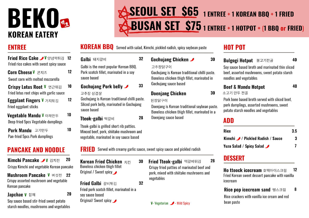 Menu, BEKO Korean Eatery