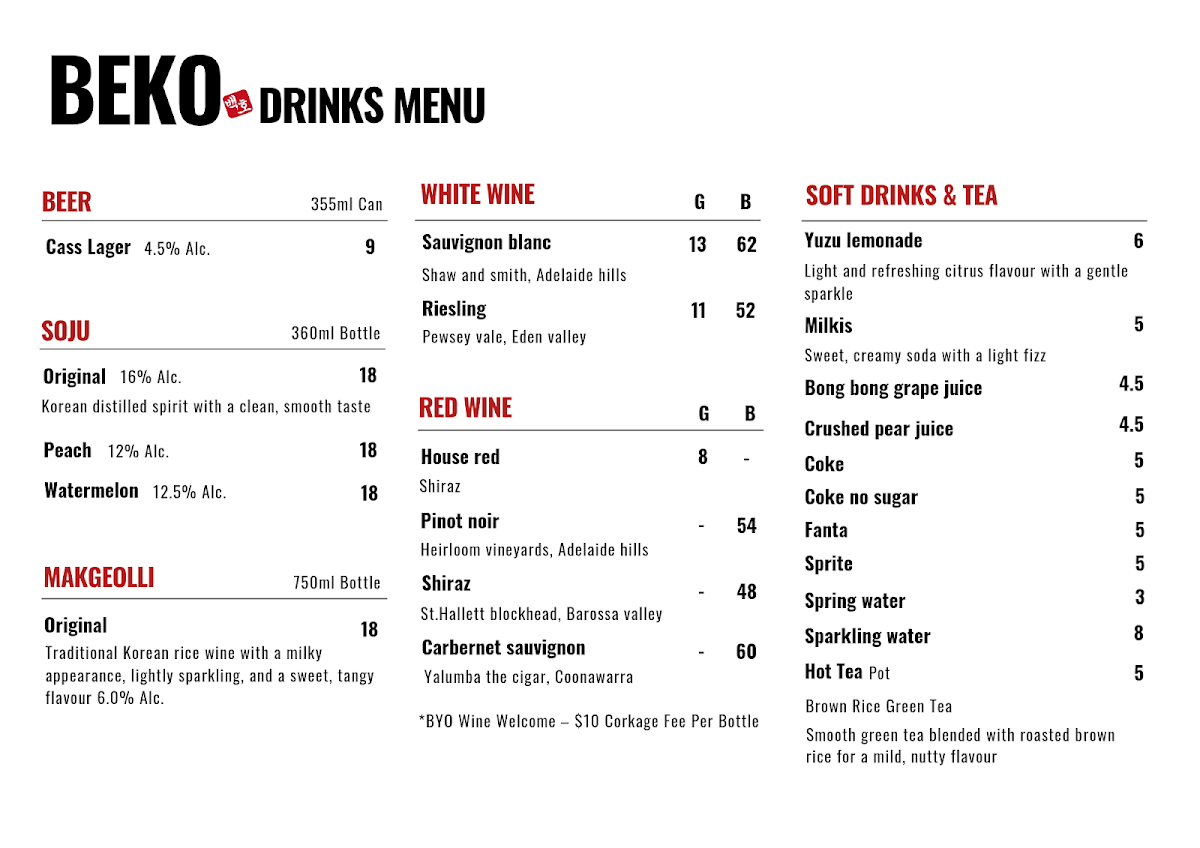 Menu, BEKO Korean Eatery