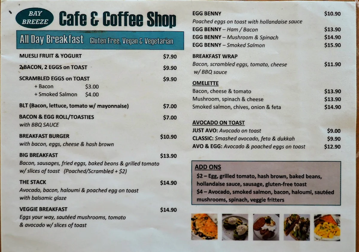 Menu, Bay Breeze Cafe