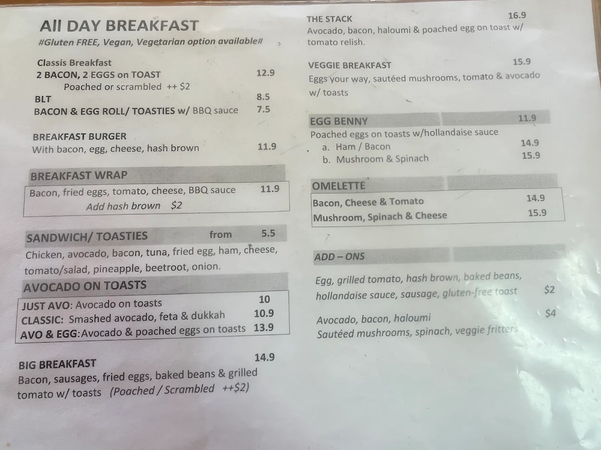 Menu, Bay Breeze Cafe