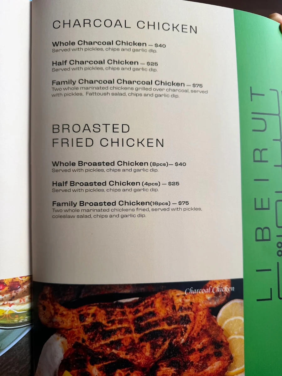 Menu, Li Beirut Charcoal Chicken