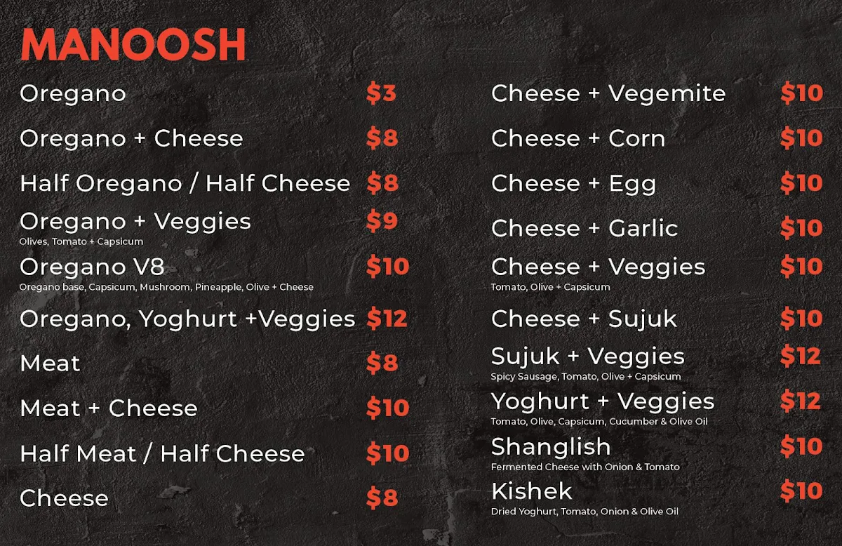 Menu, Manoosh House Mount Pritchard