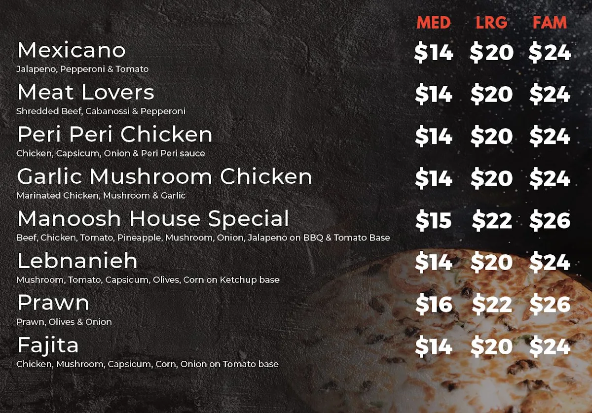 Menu, Manoosh House Mount Pritchard