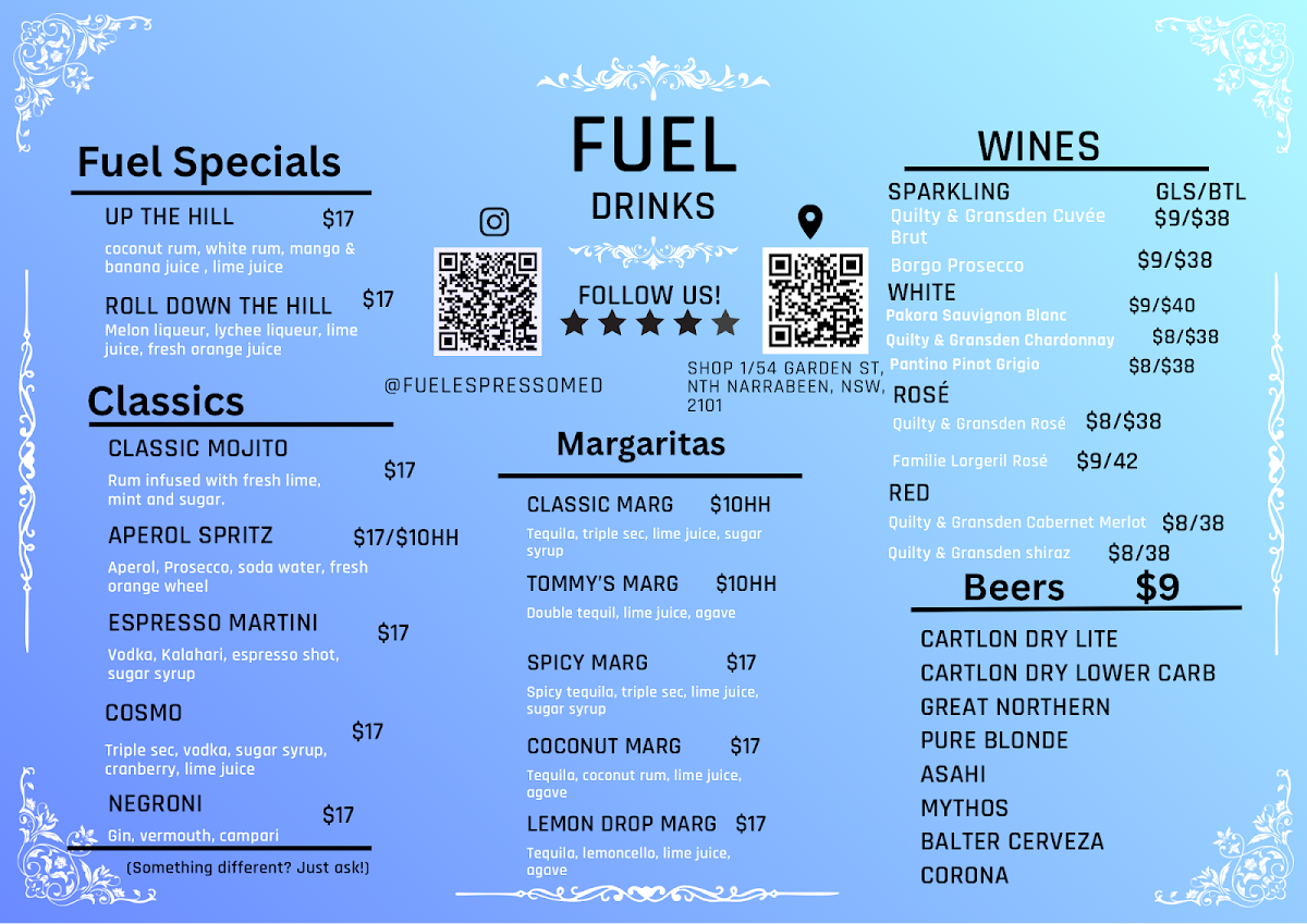 Menu, Fuel Espresso North Narrabeen