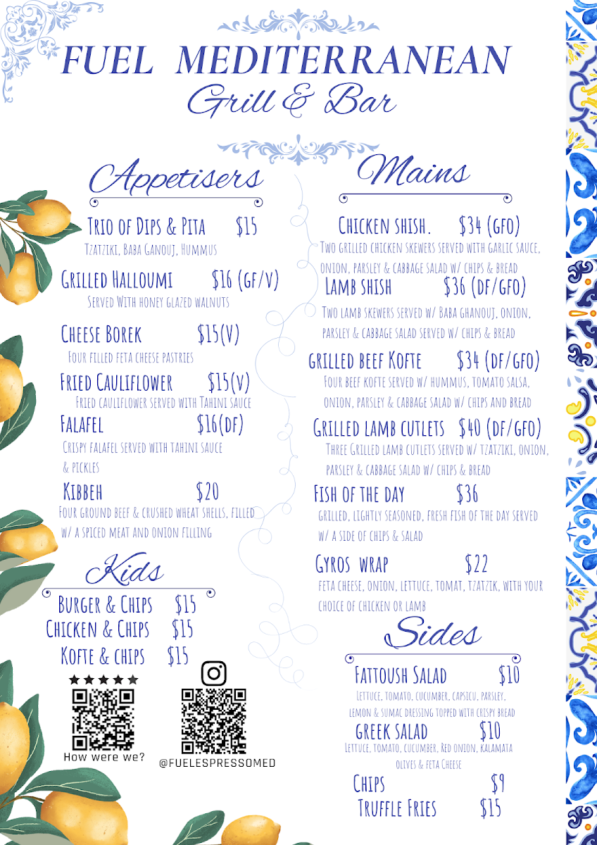 Menu, Fuel Espresso North Narrabeen