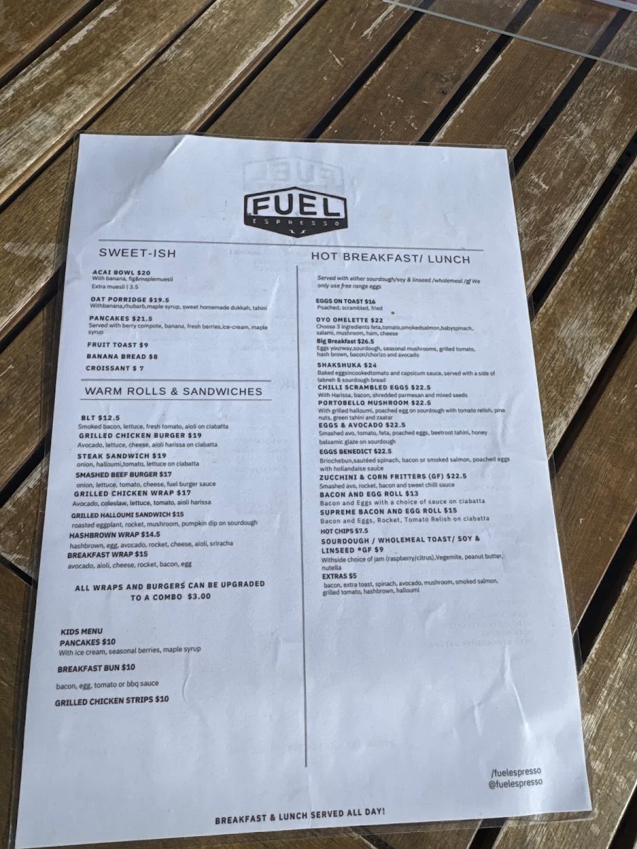 Menu, Fuel Espresso North Narrabeen