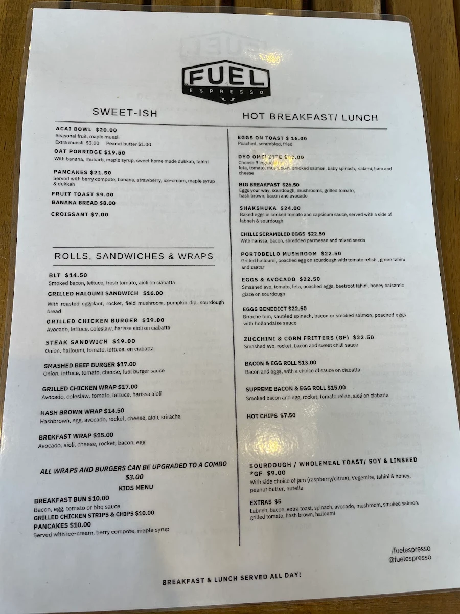 Menu, Fuel Espresso North Narrabeen