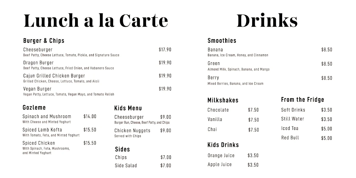 Menu, Dragon Cafe