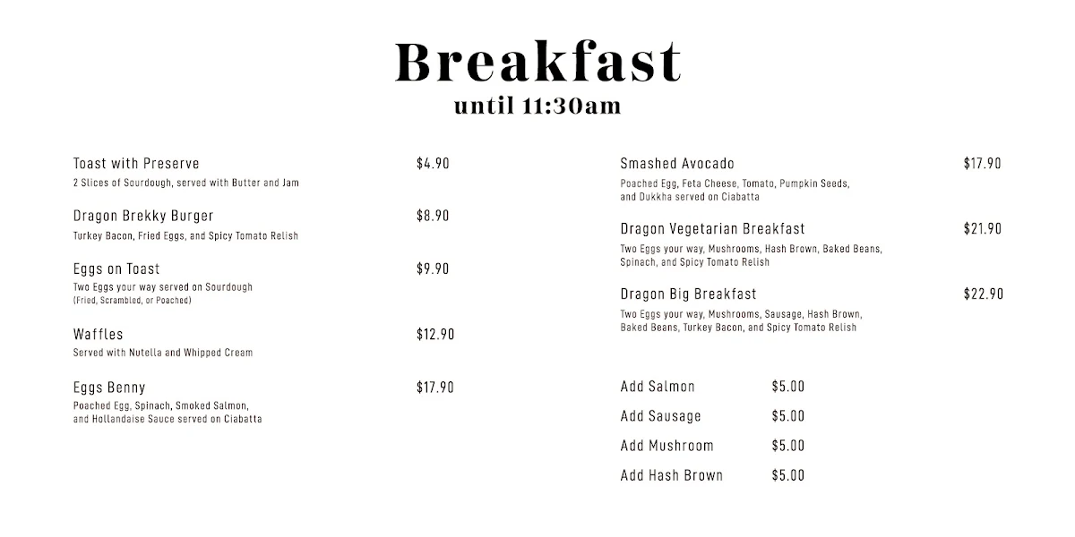 Menu, Dragon Cafe