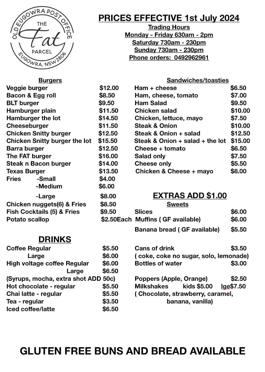 Menu, The Fat Parcel Food Van