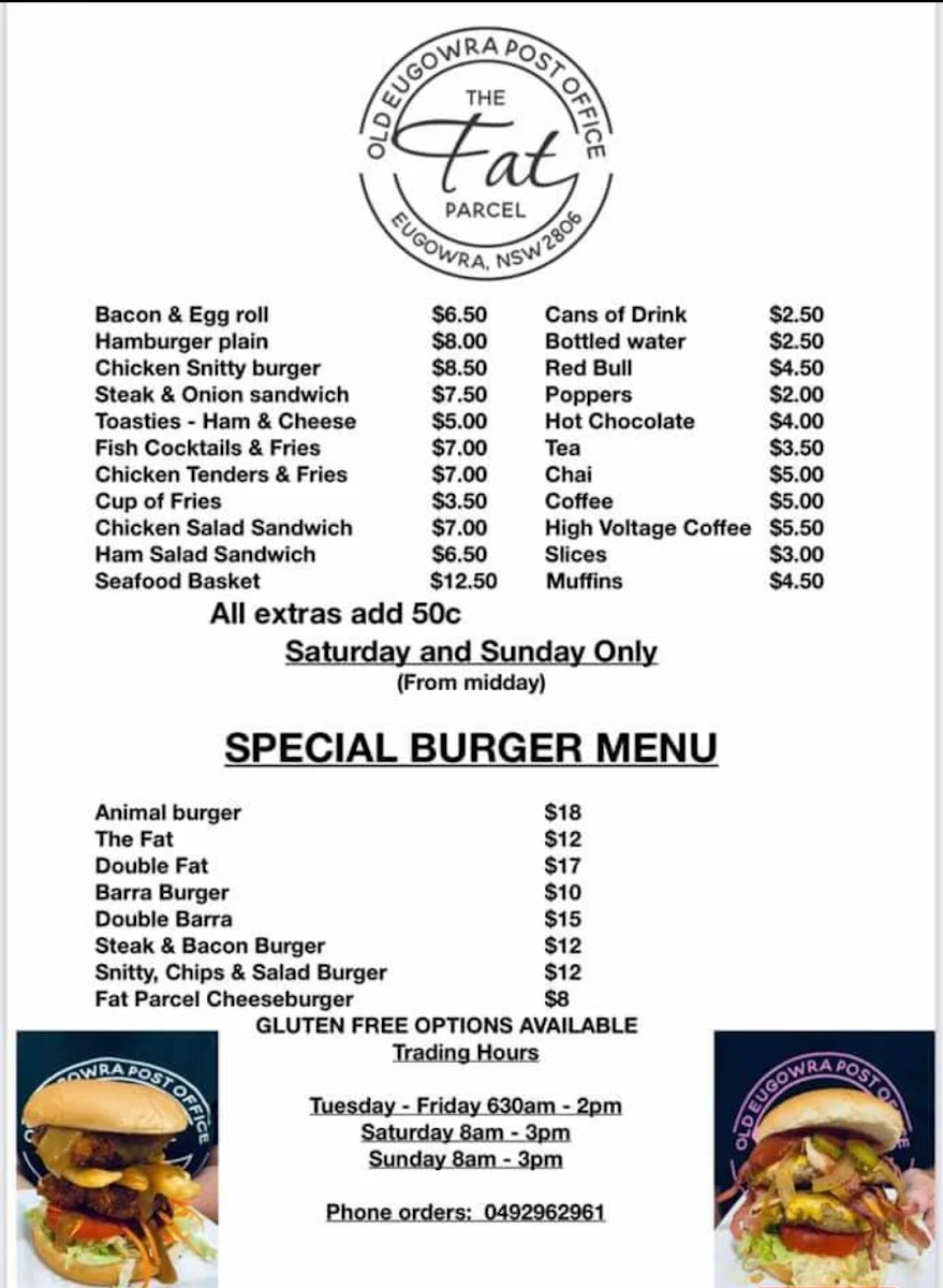 Menu, The Fat Parcel Food Van