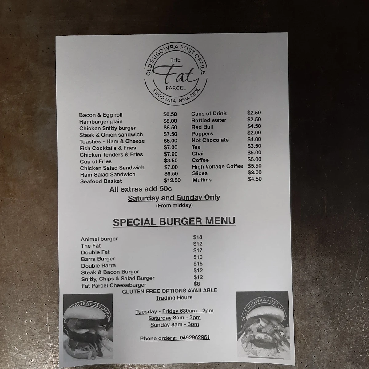 Menu, The Fat Parcel Food Van