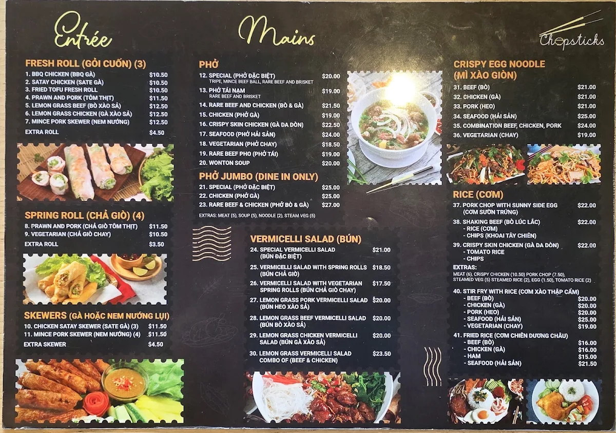 Menu, Chopsticks Vietnamese Cuisine