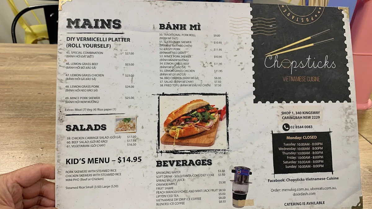 Menu, Chopsticks Vietnamese Cuisine
