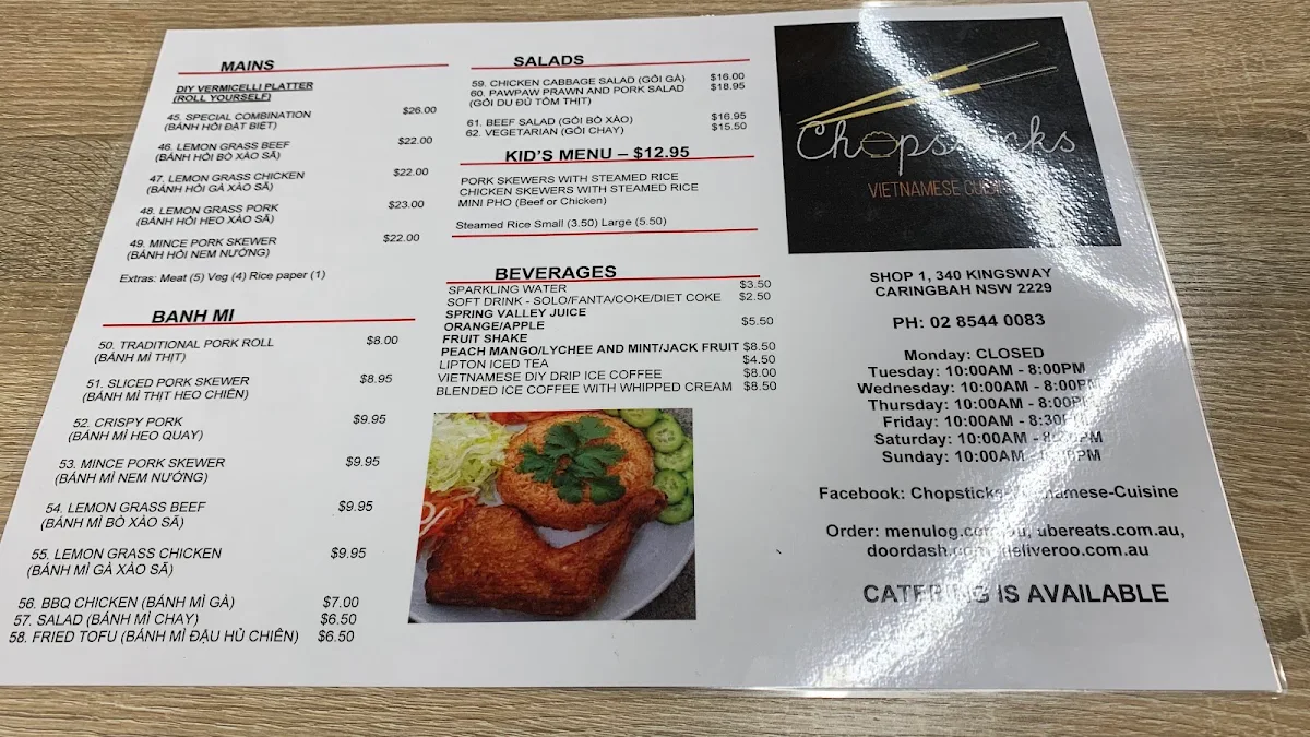 Menu, Chopsticks Vietnamese Cuisine