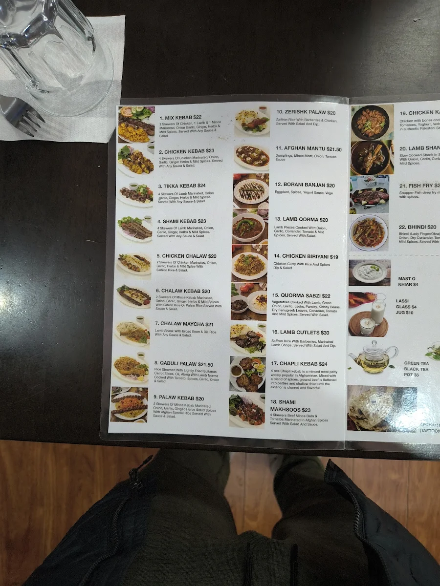 Menu, Afghan zamarut restaurant