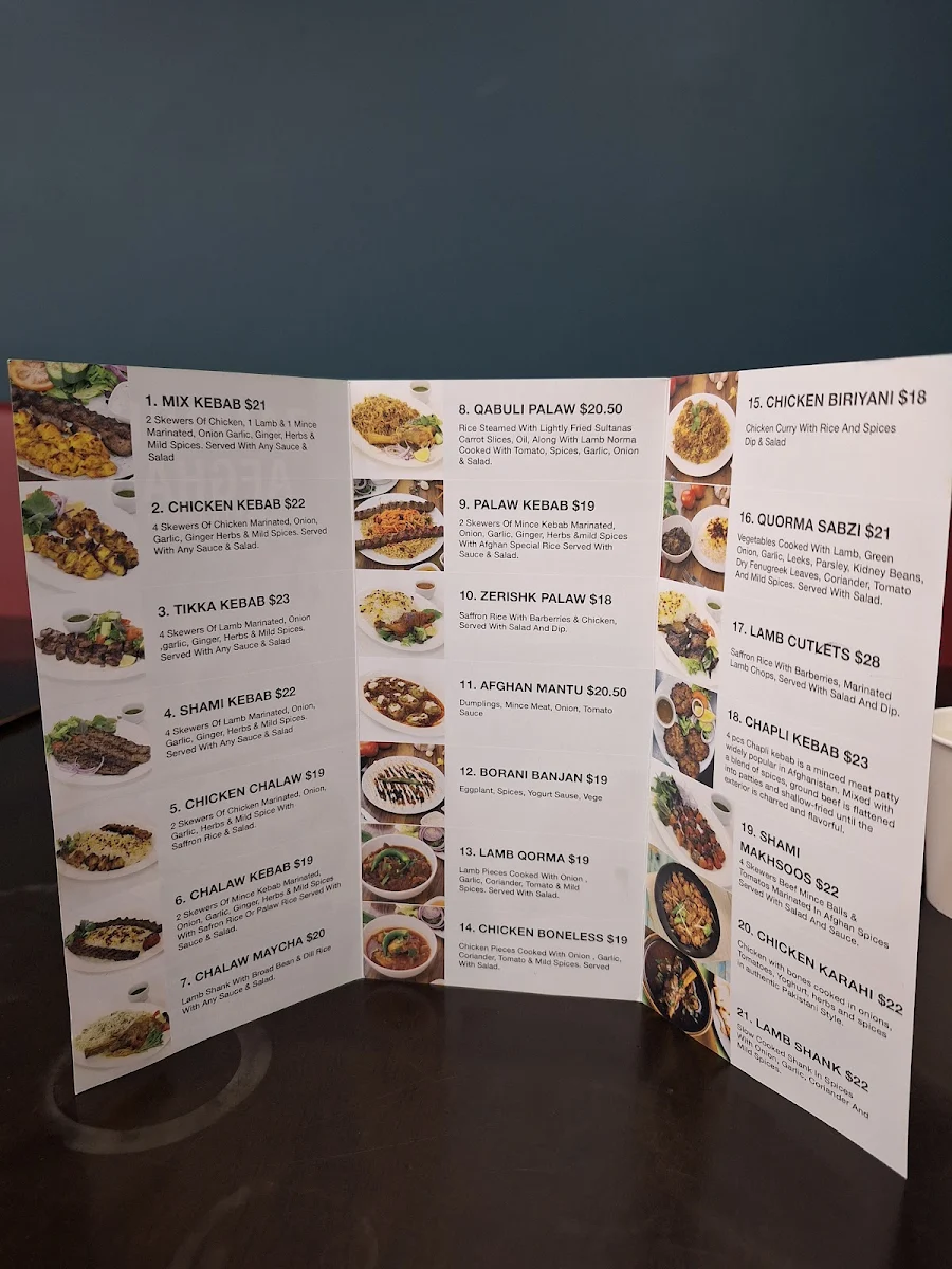 Menu, Afghan zamarut restaurant