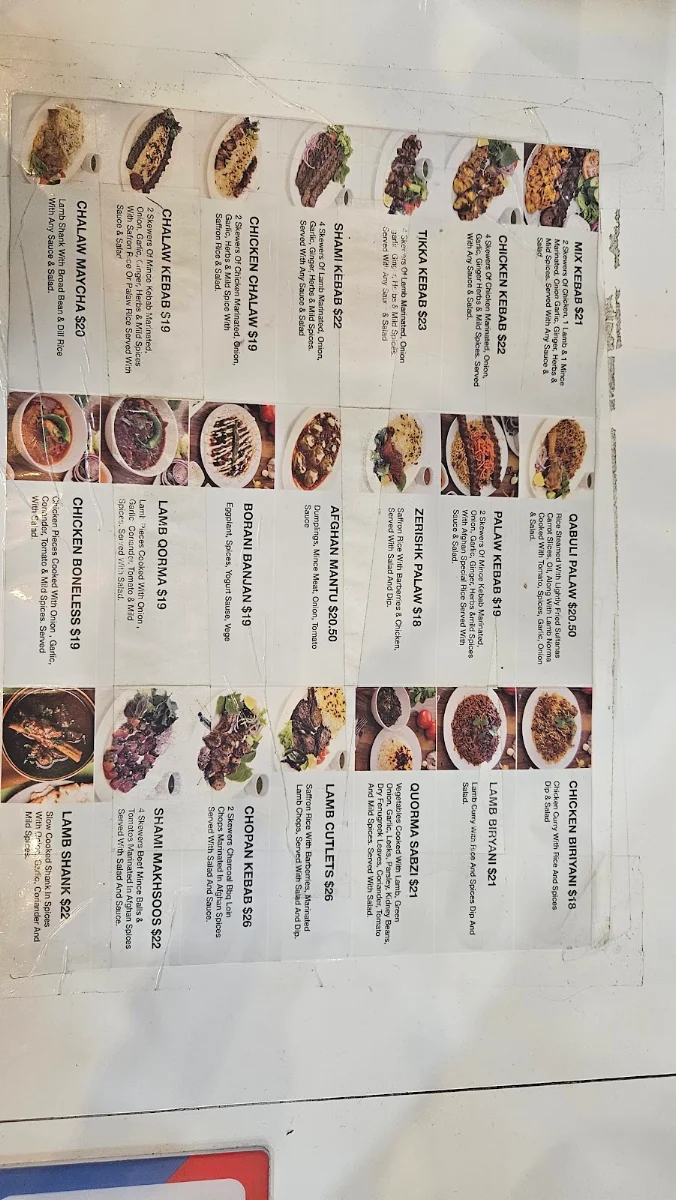 Menu, Afghan zamarut restaurant