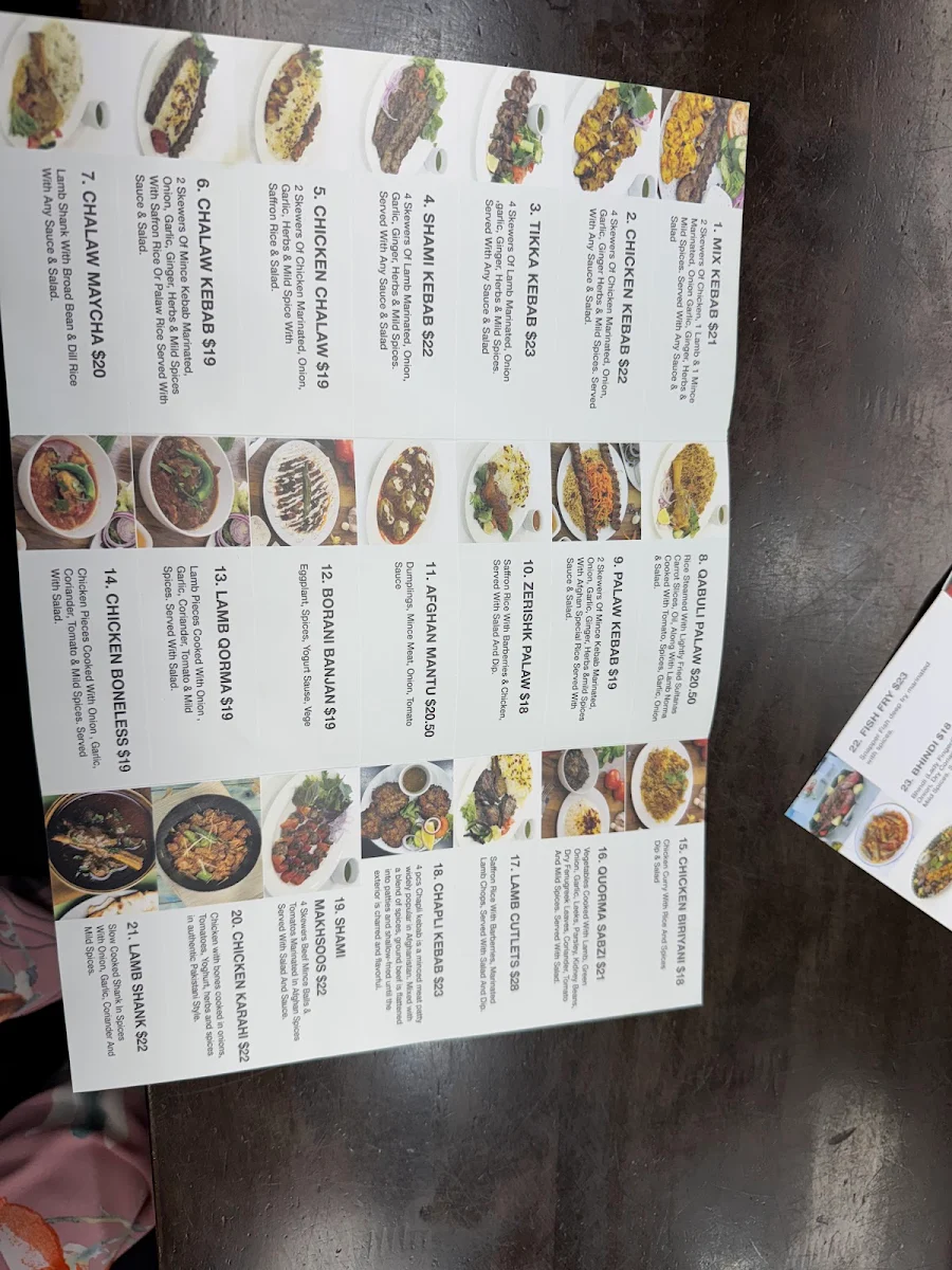 Menu, Afghan zamarut restaurant