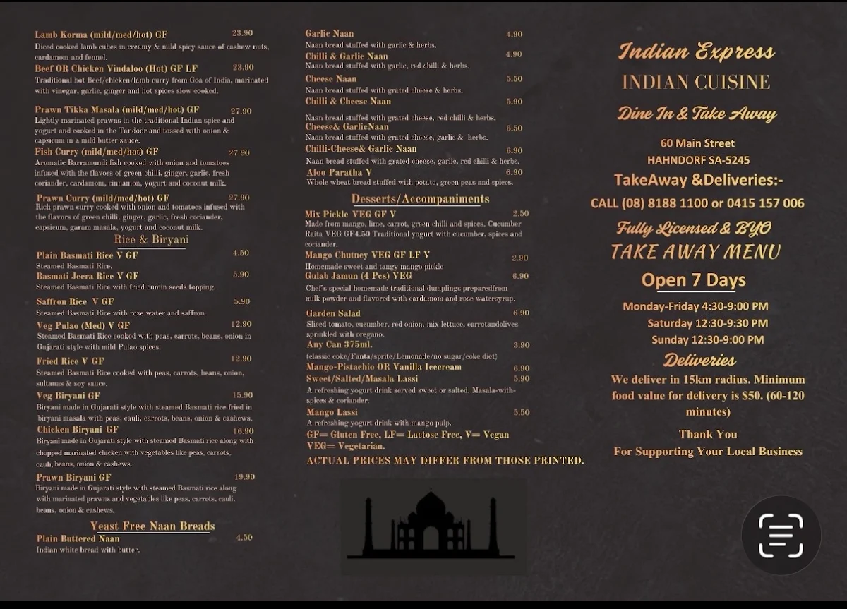 Menu, Indian Express. Authentic Indian Cuisine.