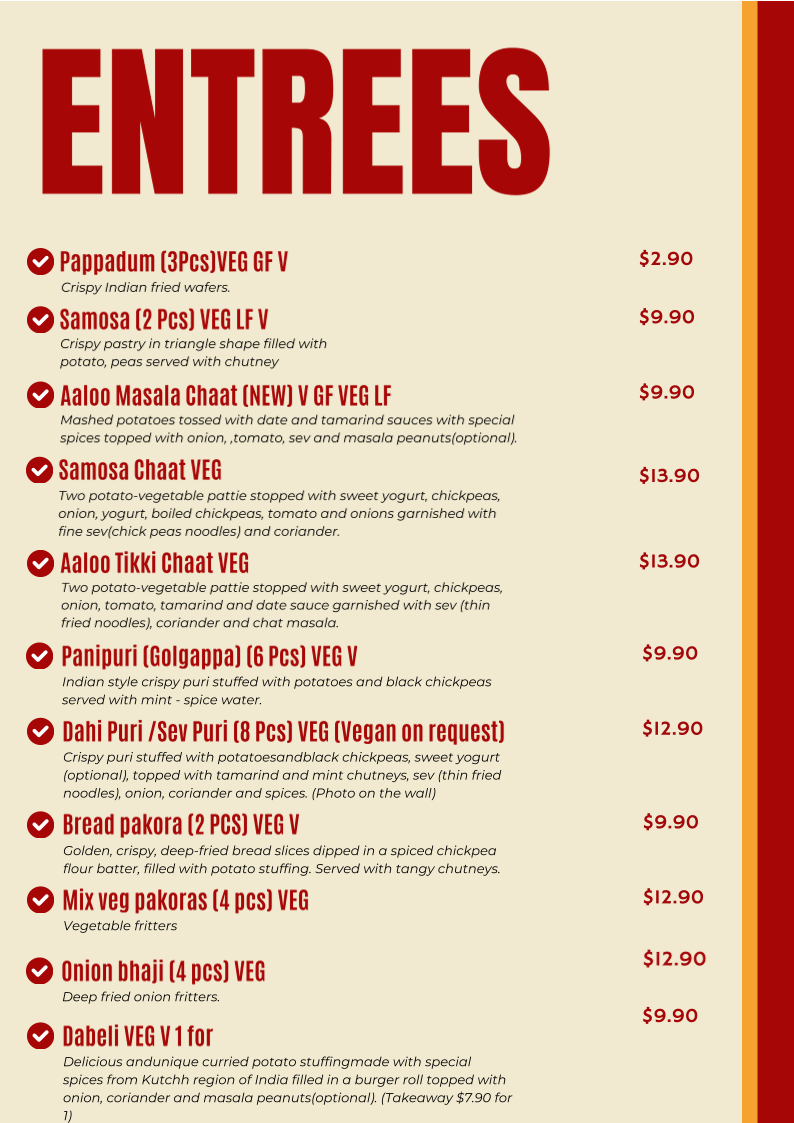 Menu, Indian Express. Authentic Indian Cuisine.