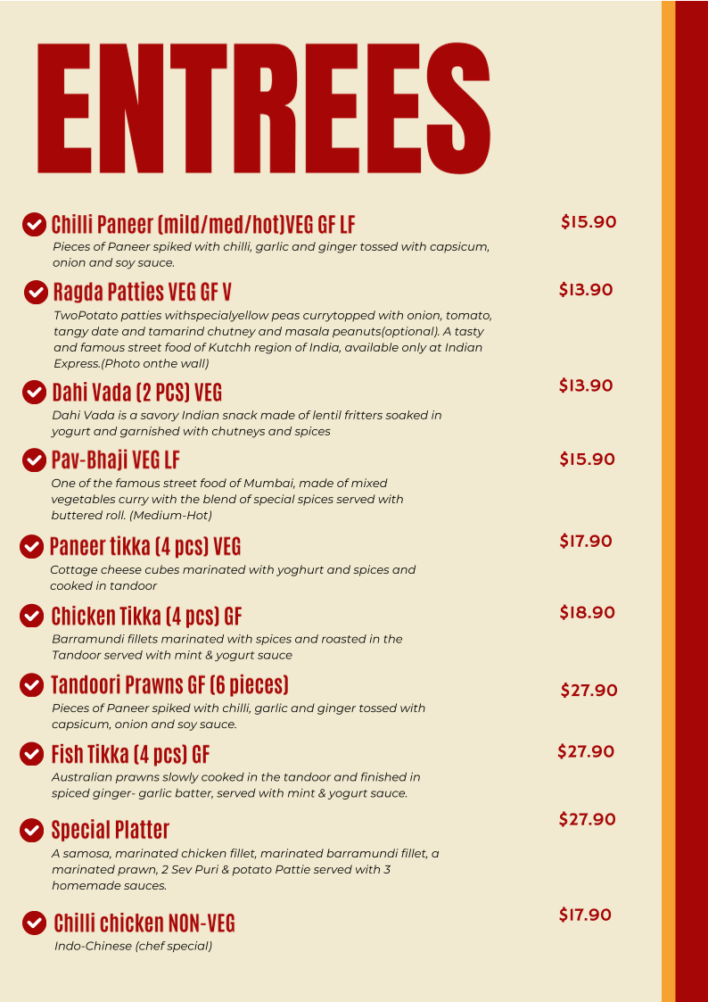 Menu, Indian Express. Authentic Indian Cuisine.