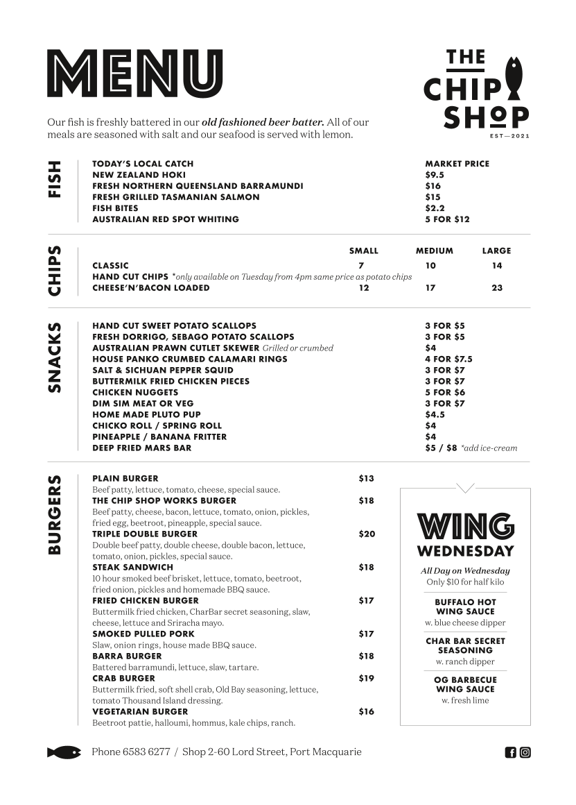 Menu, The Chip Shop