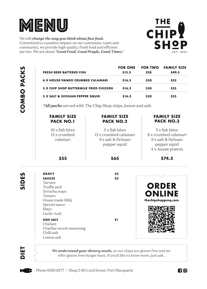 Menu, The Chip Shop