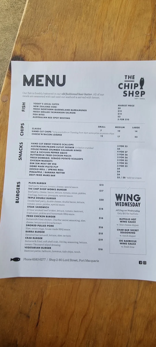 Menu, The Chip Shop
