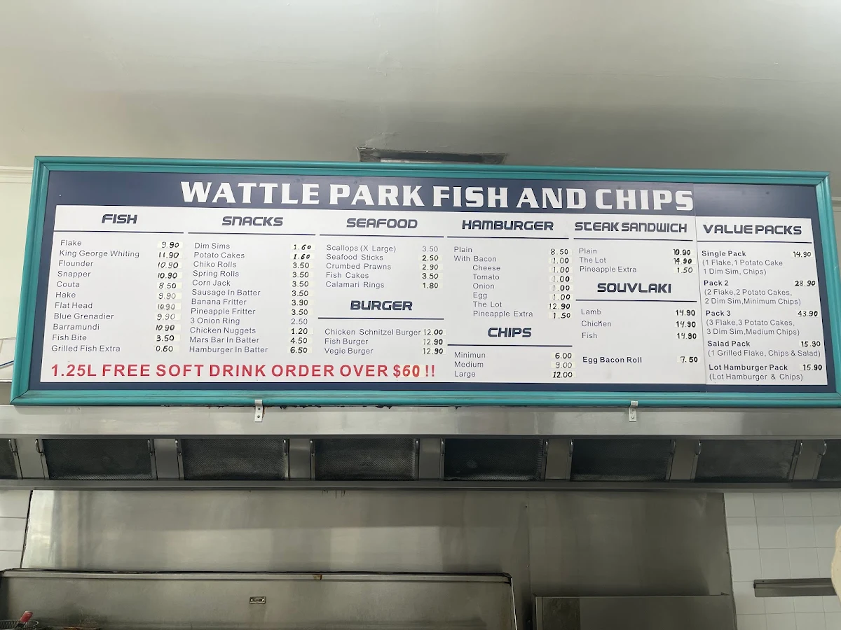 Menu, Wattle Park Fish n Chips