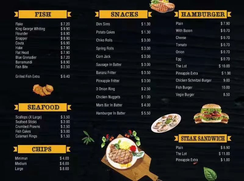 Menu, Wattle Park Fish n Chips