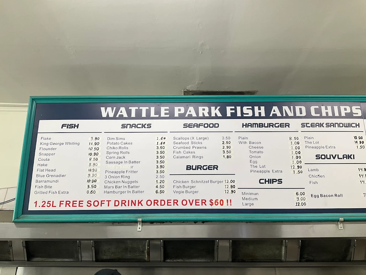 Menu, Wattle Park Fish n Chips
