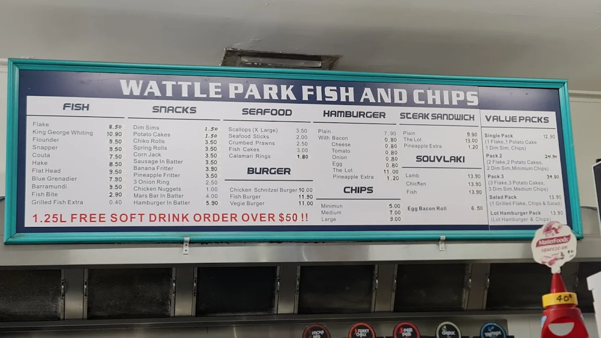 Menu, Wattle Park Fish n Chips