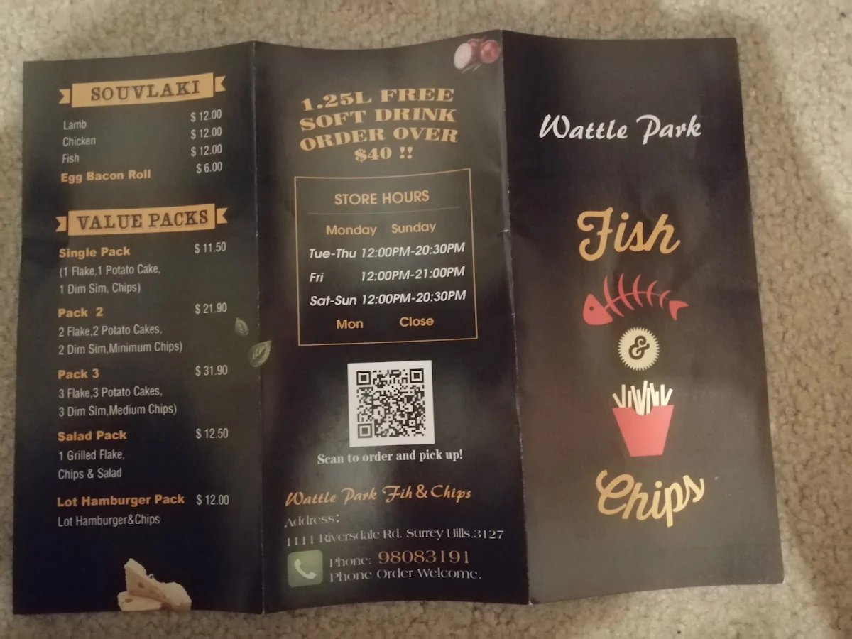 Menu, Wattle Park Fish n Chips