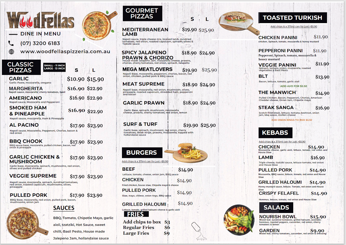 Menu, Woodfellas Pizzeria