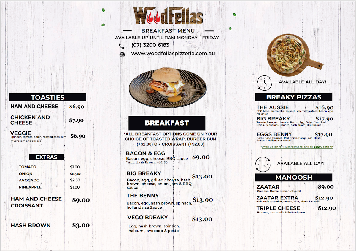 Menu, Woodfellas Pizzeria